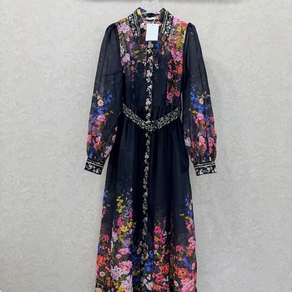 Zimmermann Black Floral Midi Dress Button FrontBoho Romantic